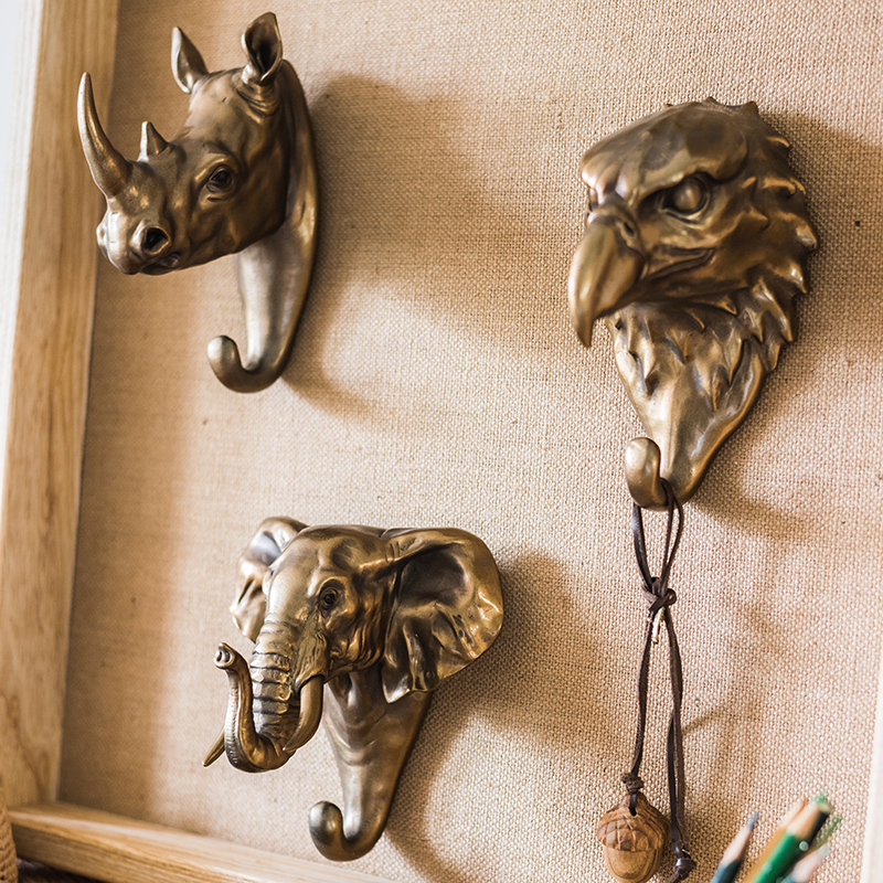 掬涵 树脂金属铜色兽头 挂钩装饰挂件壁挂复古艺术 大象犀牛鹰