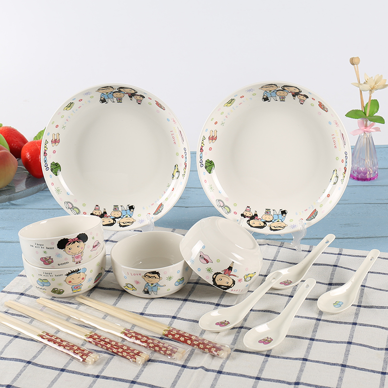 14件特价可爱萌猫卡通碗勺碟盘套装萌猫骨瓷韩式儿童陶瓷骨瓷餐具