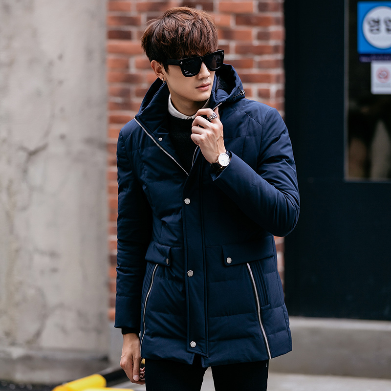 冬季男装棉衣男士中长款羽绒服 男青年韩版修身连帽加厚保暖外套