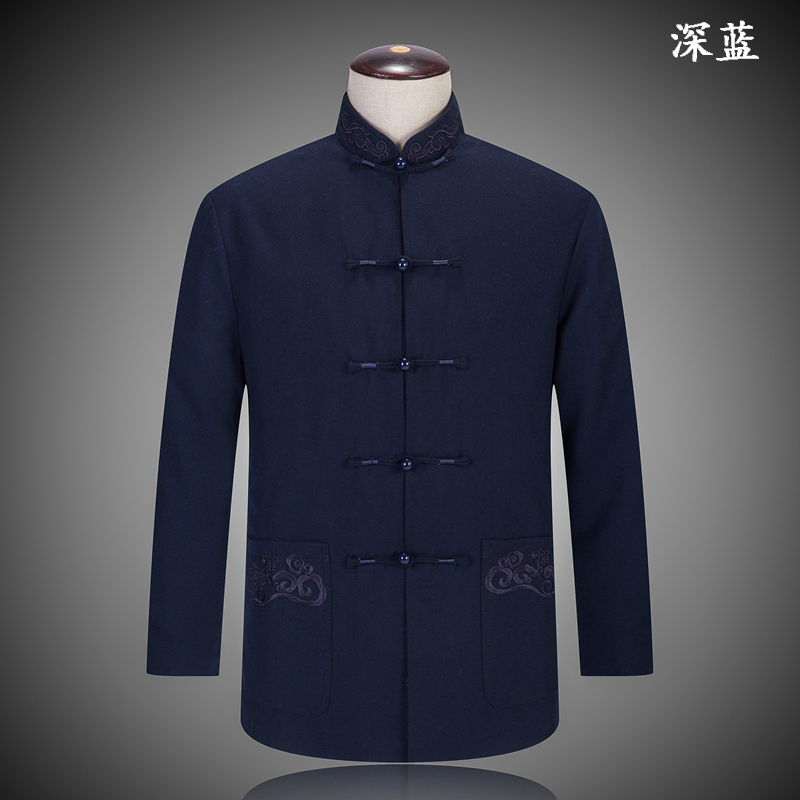 秋冬款刺绣中国风羊毛呢子夹克中老年男士唐装外套加大码长袖上衣