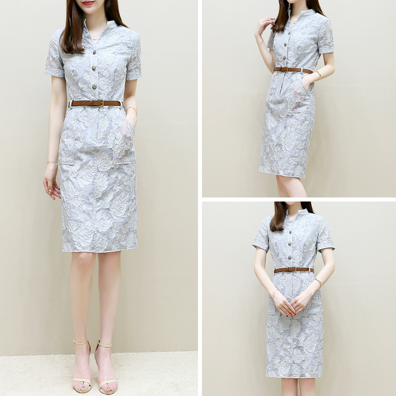夏装2017新款韩版女装气质短袖雪纺连衣裙夏季中长款显瘦衬衫裙子