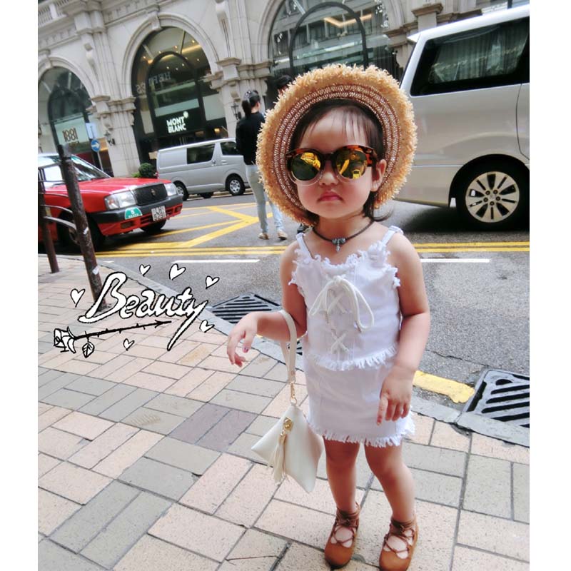 7bao女童女宝宝儿童夏季新款原创毛边纯色系带吊带上衣+半身裙