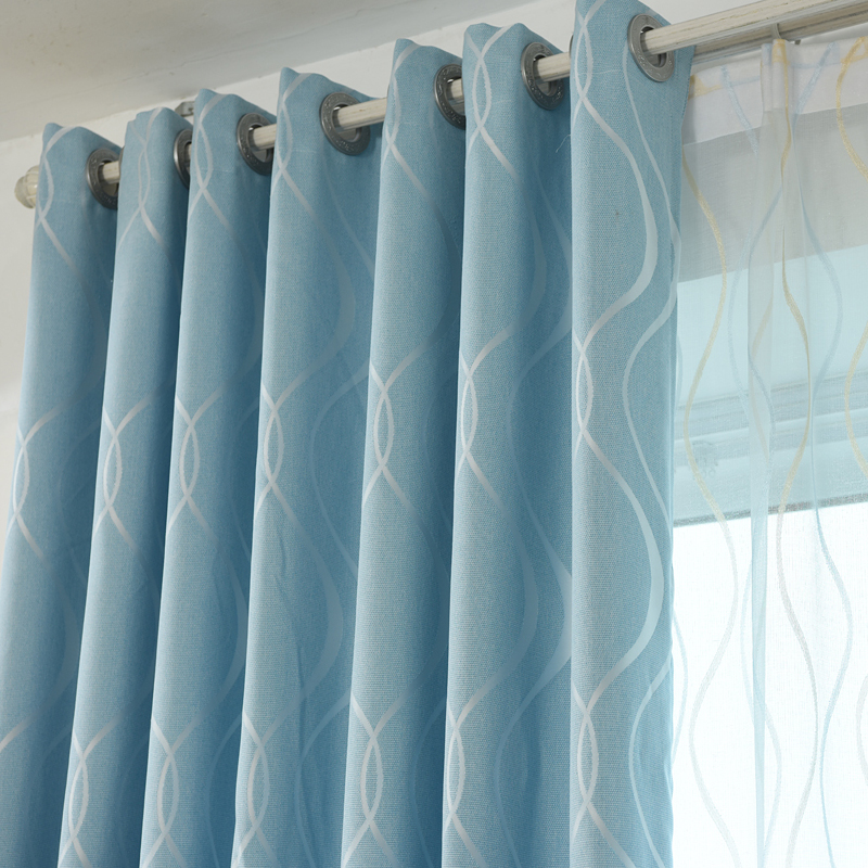 全遮光定制清新蓝色卧室客厅棉麻提花布料简约现代落地窗窗帘成品