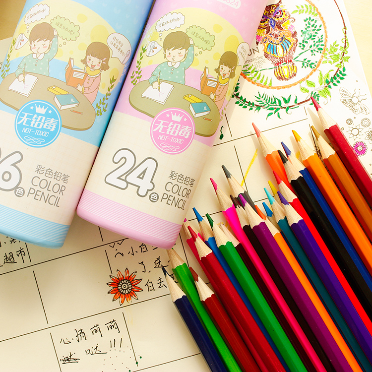 咔巴熊桶装彩色铅笔 儿童绘画彩绘铅笔 粉蜡型36色48色创意彩铅