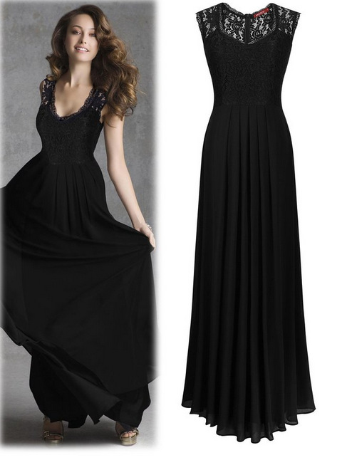 Chiffon Evening Dress Party Lace Top Long Prom Dresses black