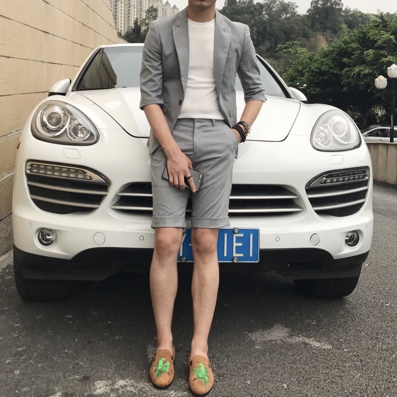 2017夏季男士小西装韩版修身短裤西服套装英伦时尚俩件套潮男