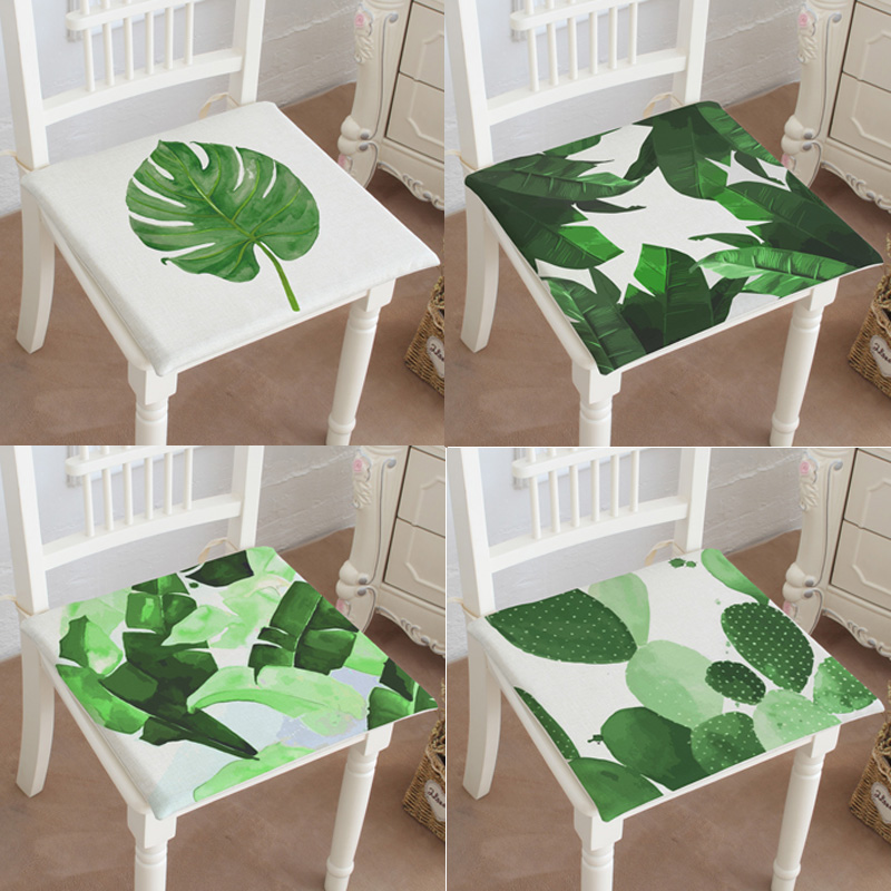 热带植物绿色叶子 美式混搭 棉麻坐垫椅子 椅子垫 餐椅垫办公室