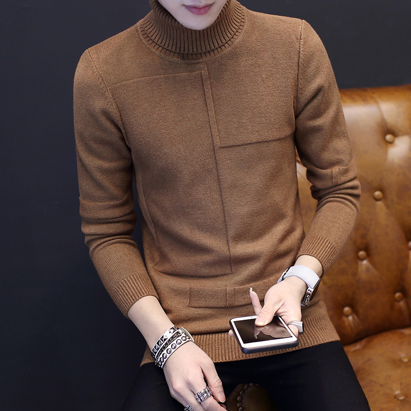 2016新款韩版高领针织衫长袖T恤男上衣服修身打底衫潮流男士毛衣