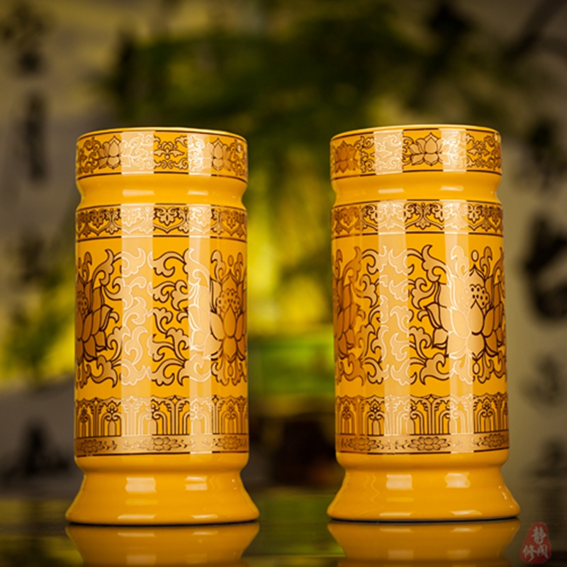 佛教用品 佛堂供具真金黄陶瓷莲花花瓶 供瓶香桶香筒包邮