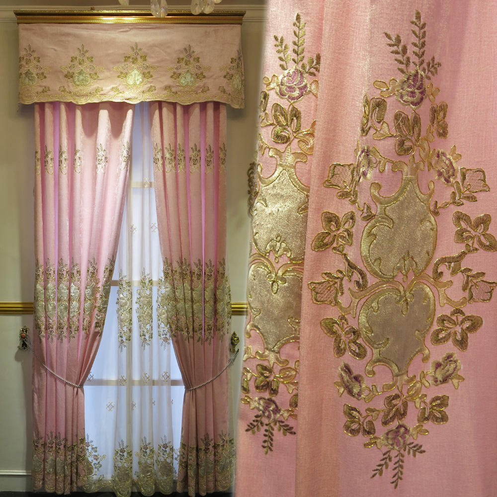 法式绣花窗帘喜庆粉色紫色卧室窗帘窗纱定制欧式婚房遮光成品定做