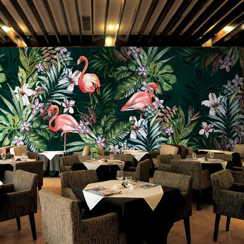 东南亚风格墙纸 火烈鸟手绘壁纸 热带雨林绿色植物餐厅背景墙壁画