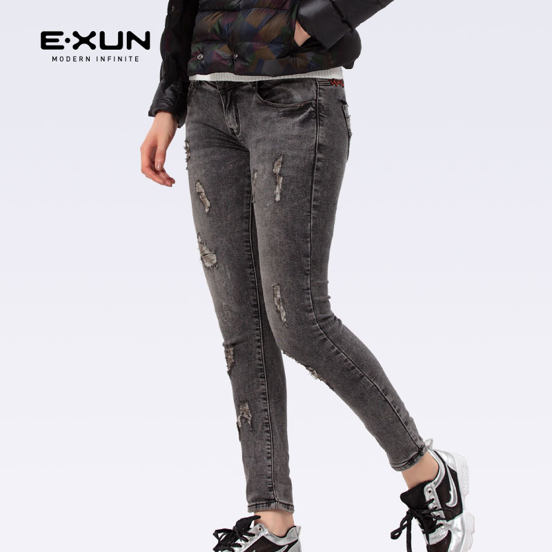 EXUN女装2017冬季新款做旧复古灰色铅笔裤修身显瘦牛仔裤女长裤