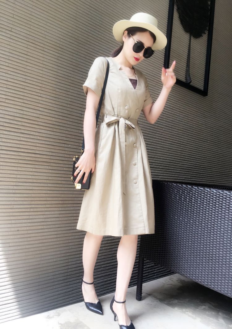 2017雅尼拉7X6171夏装新款时尚收腰双排扣短袖两件套夏连衣裙女装