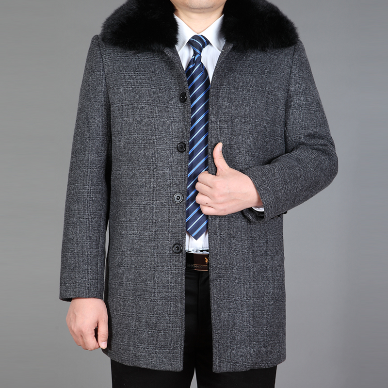 中老年冬季男士风衣中长款加绒加厚带毛领爸爸装呢子大衣大码外套