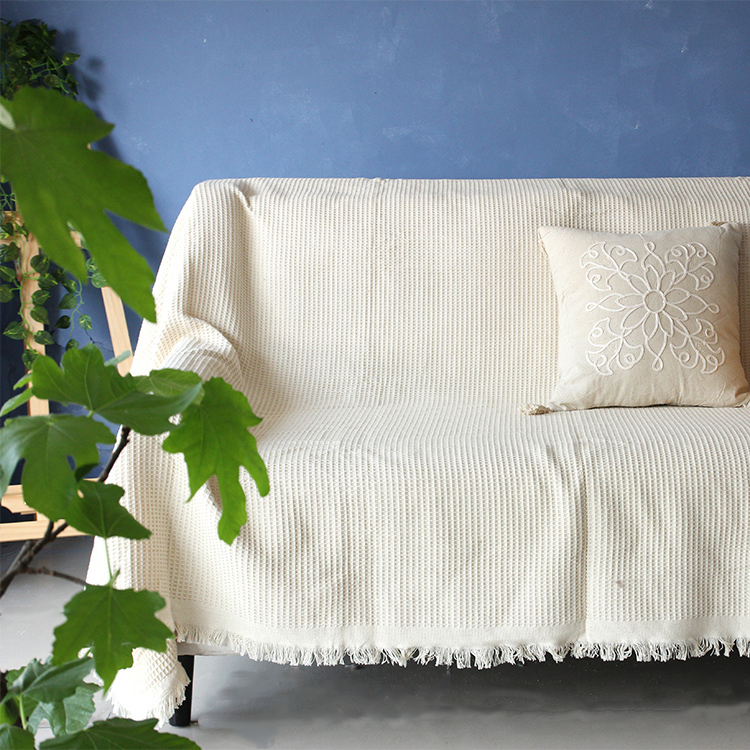 物念wnhome 自制全棉蜂巢纯色米白色素色沙发巾沙发毯子休闲毯