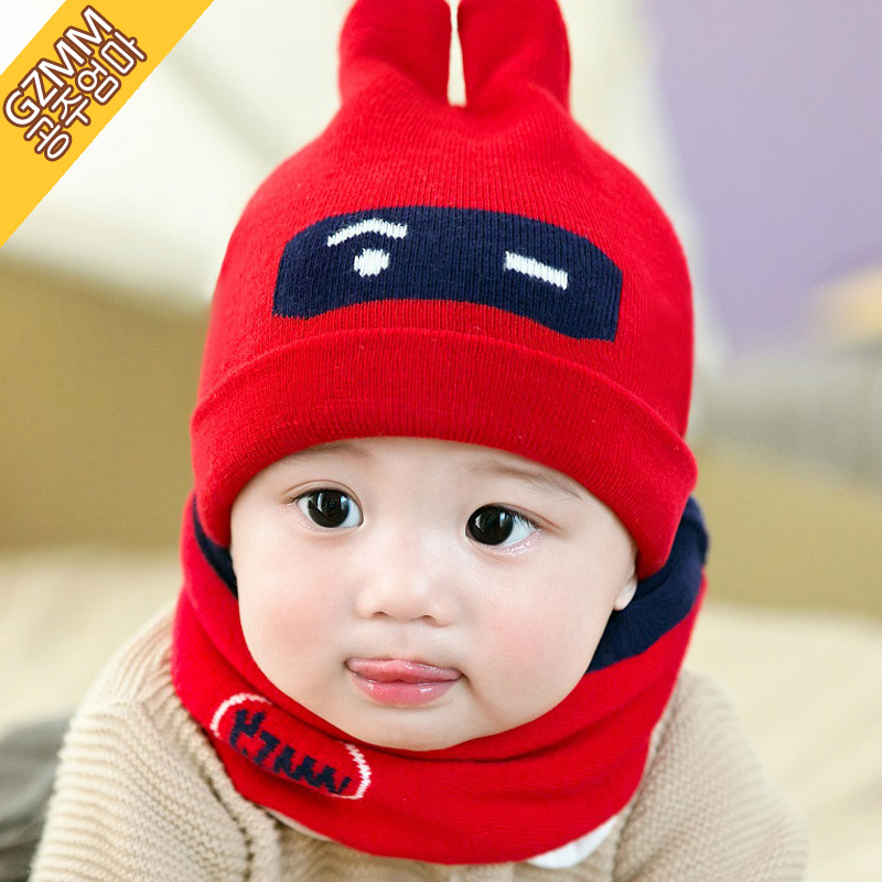 男女童宝宝帽秋冬1-2岁婴儿帽子围脖0-3 6-12个月毛线帽围巾套装