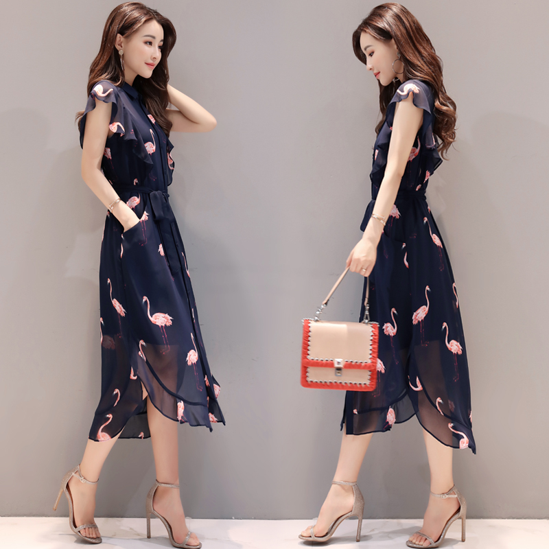 2017夏装新款女装韩版气质高腰印花雪纺裙子中长款修身短袖连衣裙
