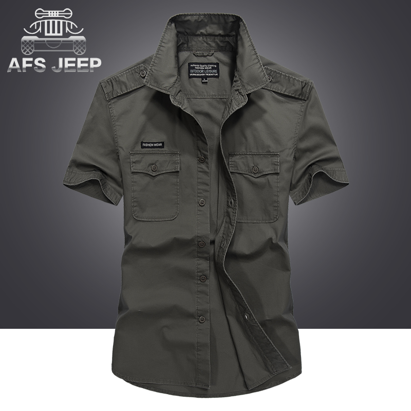 AFS JEEP战地吉普夏季男士短袖衬衫男纯棉宽松休闲大码军装衬衣