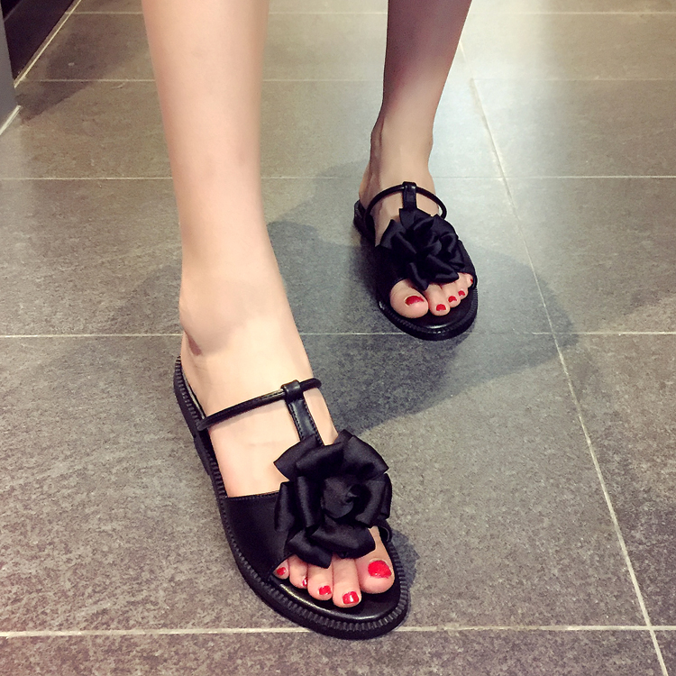 2016夏季新款韩版女人味雪纺花朵T型带脚面露趾平底平跟凉拖鞋女