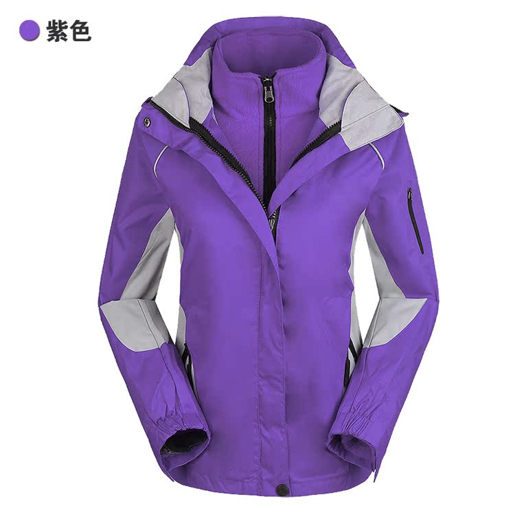 拓外户外女士冲锋衣三合一两件套防风防寒保暖抓绒登山服 深紫色