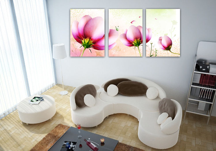 E仿手绘粉红色花卉 现代家饰装饰画时尚客厅无框画 卧室壁画 三联