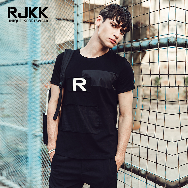RJKK新款贴布字母装饰纯棉圆领短袖 简约T恤修身打底衫男潮