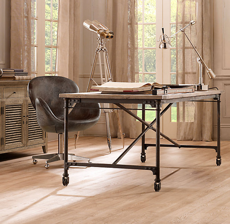 欧式工业风实木餐桌 铁艺办公桌电脑桌书桌 做旧移动工作台写字台