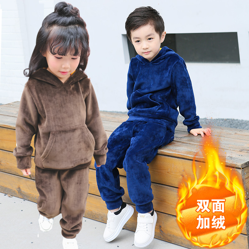 童装男童女童秋冬装套装2016新款中大儿童运动加绒卫衣两件套冬季