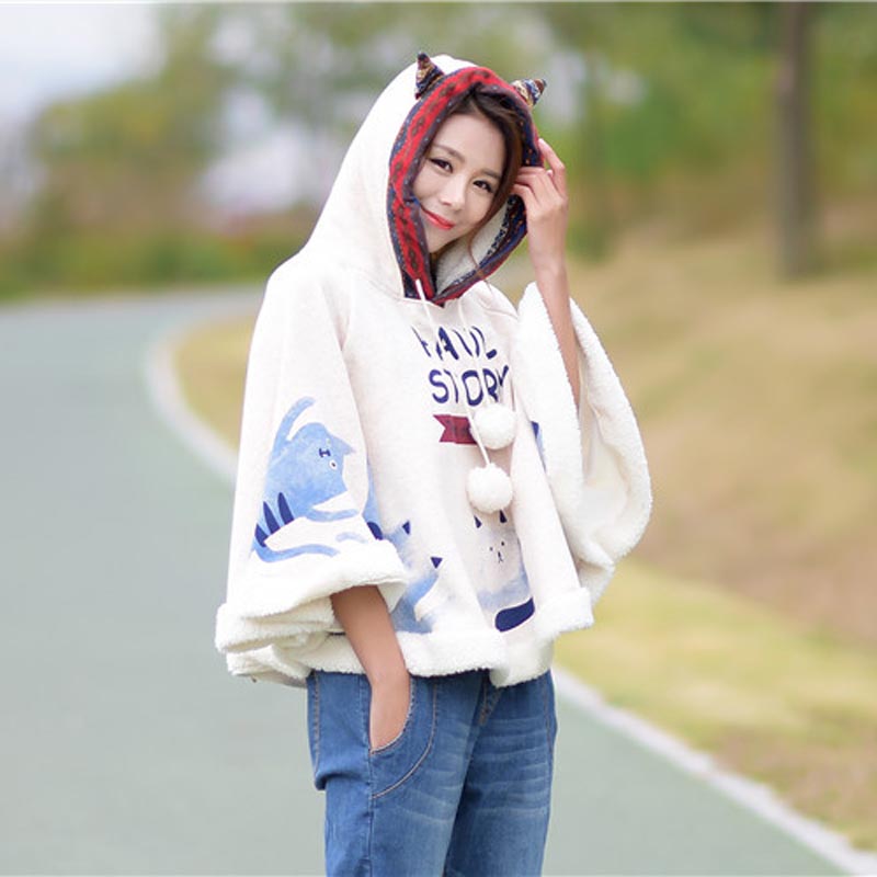 秋冬日系新年加绒可爱少女纯棉卡通连帽蝙蝠袖外套中学生斗篷披肩
