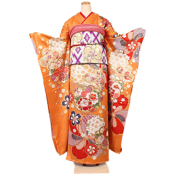 日本代购 高端女士和服 京友禅传统长款正装正绢高级振袖橘色