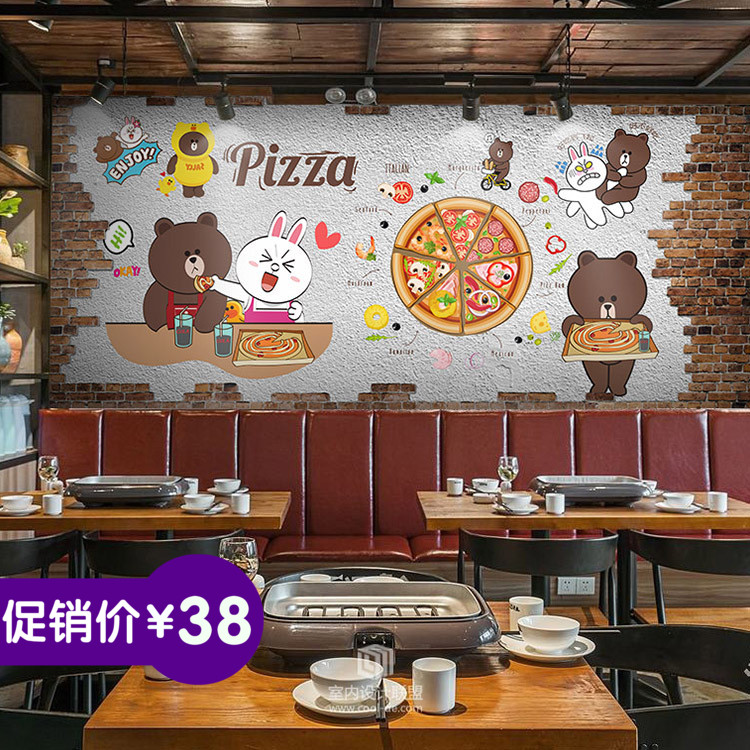披萨炸鸡啤酒店3d墙纸卡通人物布朗熊壁纸砖纹涂鸦小吃店餐厅壁画