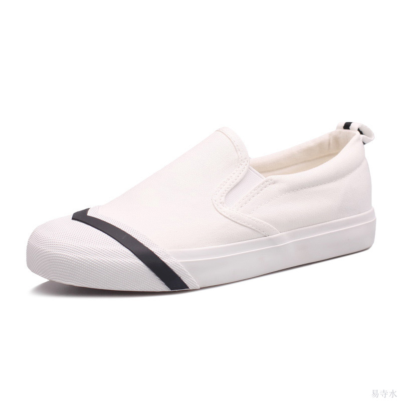 夏季橡胶硫化工艺皮带装饰脚蹬懒人透气小白白色平底帆布鞋