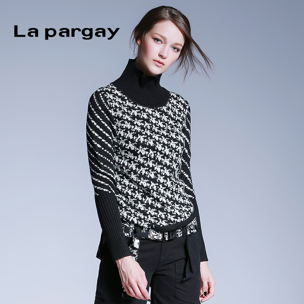 La pargay冬季款长袖毛衫高领款不规则型套头烫钻街头镂空女毛衣