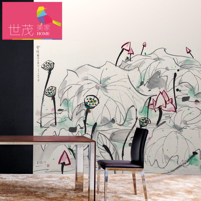 长沙壁画 现代简约艺术 新中式国画荷花 客厅卧室电视背景墙 壁画