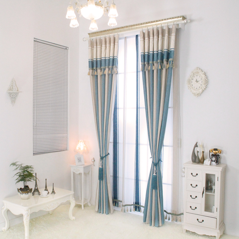 客厅卧室简约现代地中海拼色条纹雪尼尔棉料半遮光窗帘布成品定制