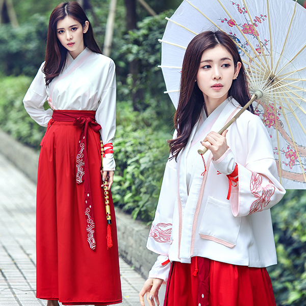 汉元素改良古装汉服红色女装交领襦裙日常女装中国民族风鱼鳞刺绣