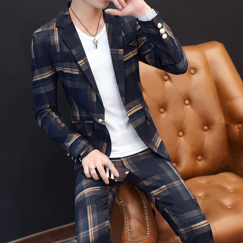 男士青年休闲小西装套装2017韩版修身新款潮流男士格子西服三件套