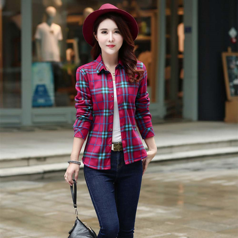 韩版新款衬衫女格子长袖修身显瘦加绒加厚大码外套打底保暖衬衣冬