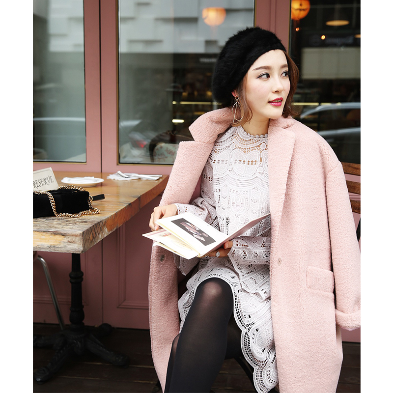 于momo 冬装新款韩版毛呢外套女中长款粉红色翻领大衣显瘦W6328