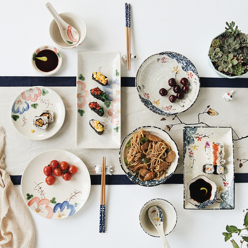 手绘风釉下彩日式盘子和风餐具陶瓷圆盘子菜盘家用碟子碗盘寿司盘