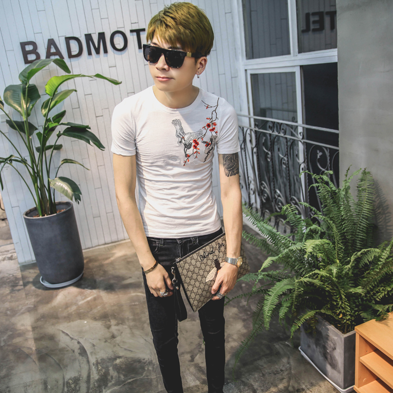 振轩衣阁 夏季时尚潮流韩版修身短袖T恤男个性花卉刺绣圆领打底衫