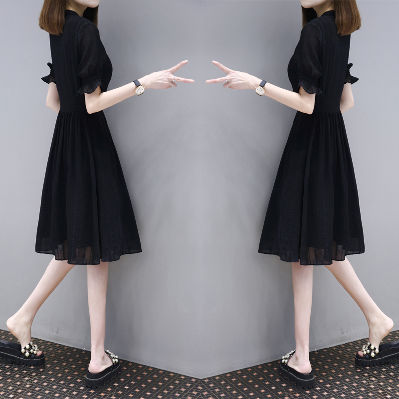 2017夏季新款韩版女装修身显瘦雪纺小黑裙大码A字中长款连衣裙女