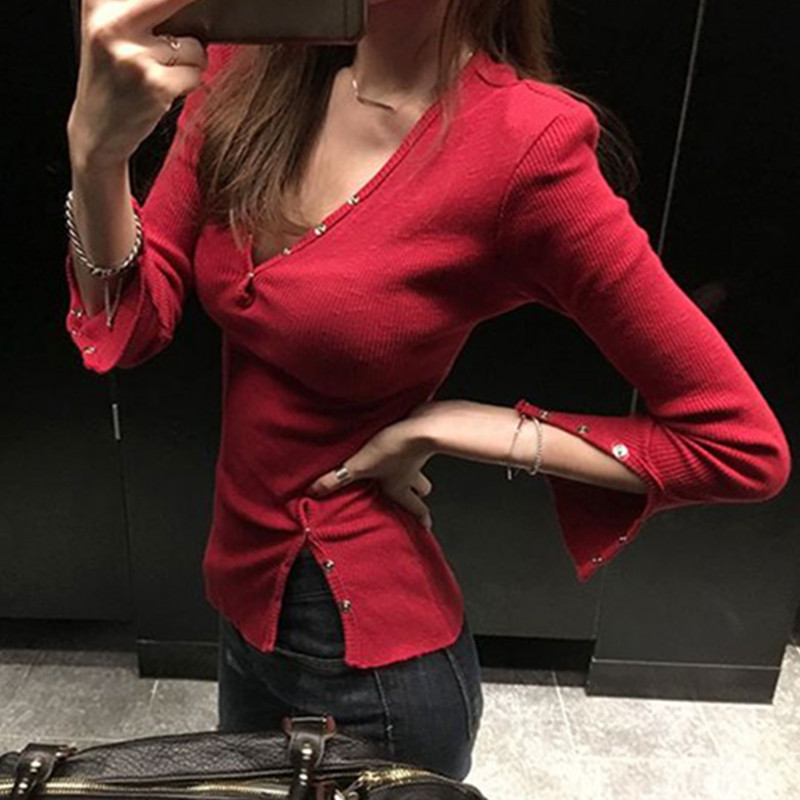 韩国2016秋装新款性感女人味深V领排扣开叉螺纹针织T恤打底衫上衣