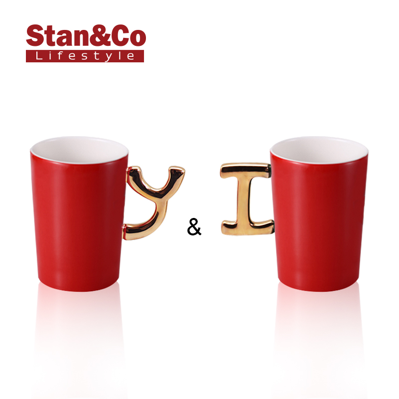 史丹利伙伴 字母马克杯 情侣对杯红色简约水杯 描金家用陶瓷办公