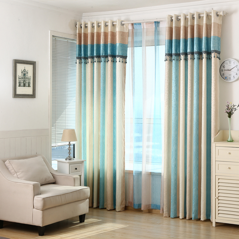 地中海简约风格落地窗卧室遮光布料窗纱定制条纹蓝色客厅成品窗帘