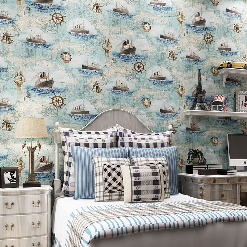 普纳地中海风格壁纸进口纯纸 儿童房间卧室背景墙航海帆船墙纸蓝