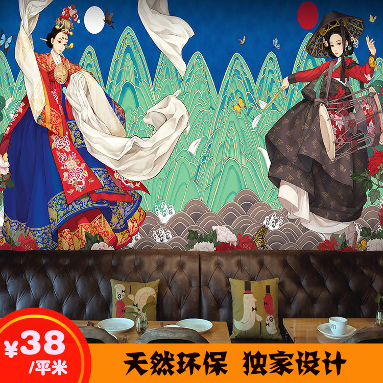3D韩式餐厅墙纸手绘韩国泡菜壁画饭店烤肉烧烤火锅小吃店装修壁纸