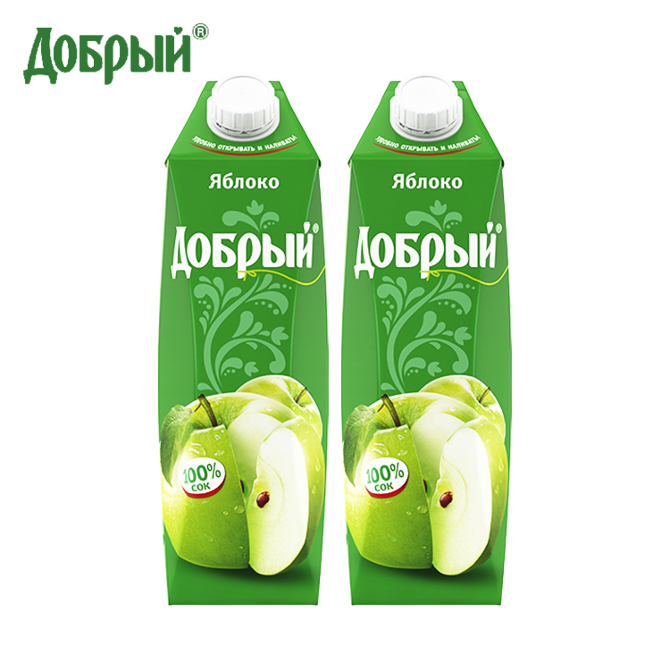 【1L*2盒】俄罗斯原装进口饮料 善良果汁 浓度100% 青苹果汁