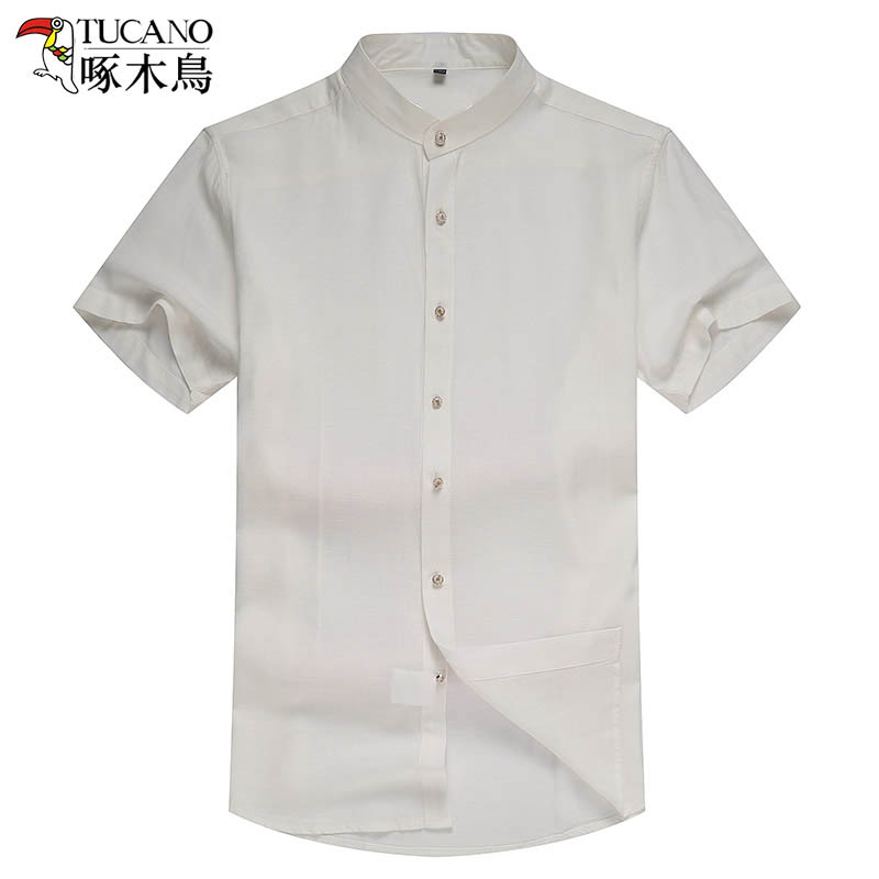TUCANO/啄木鸟夏季新款衬衫男立领纯色百搭宽松亚麻短袖衬衣
