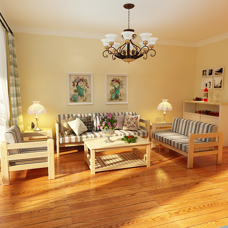 简易实木松木沙发 小户型客厅转角贵妃组合沙发 木质三人布艺沙发